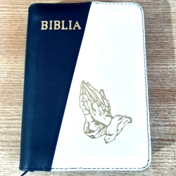 Biblie mica bleumarin alb, Coperta piele naturala